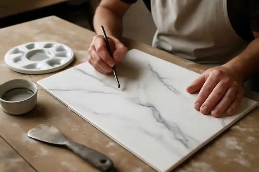 Ceramica effetto marmo con tecniche artigianali: come simulare venature realistiche in pochi passaggi